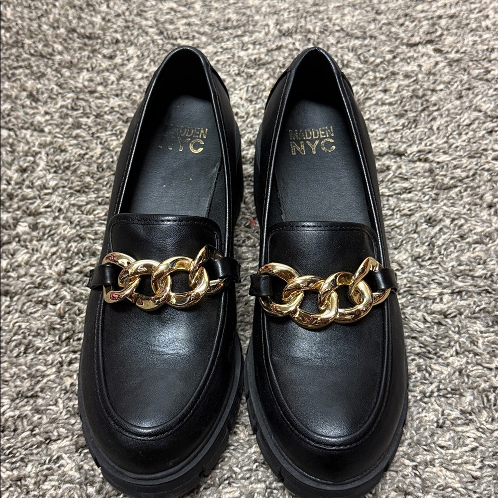 Madden NYC Black Loafers with Gold Chain